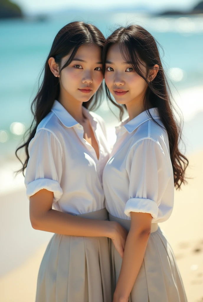 ((Best Quality)), ((masterpiece)), (detailed), perfect face,2 Japan Women,Teenager without makeup,Standing whole body,Clean to the feet,giant breasts:1.3,huge breasts:1.3,High bust top:1.3,firm, round breasts:1.3,White shirt,long skirt,((No Pat,not good)),bright smile,Soft sun on the beach,Topic depth,clearly focused,Natural and soft light
