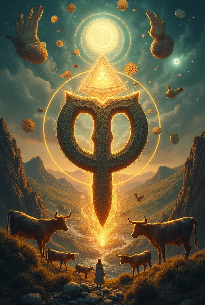 Fehu rune, the first rune of the Elder Futhark, representing wealth, cattle, and abundance
Image showcasing the evolution of wealth, from cattle to modern digital currency, with the Fehu rune as the central focus
Symbolic representation of Hamingja, the personal power associated with the Fehu rune