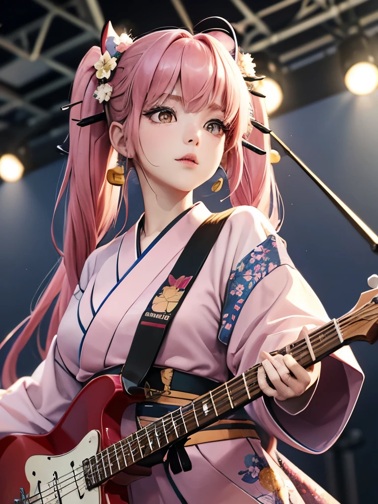 masterpiece, best quality, very detailed, high resolution, expensive resolution, high resolution, 4K, 8k, Unity 8k wallpaper, highly detailed CG, masterpiece, 2D, 3D, beautiful details, depth, fine texture, best quality: 1.3, perfect focus, crispy skin, he,
Very cute anime girl, girl playing baseguitar vocals in a band wearing a Japanese fancy floral haori hakama, on outdoor stage, full body, expensive pink twin tail hair, mole under eye, looking at the viewer, expensive, blush, mole, lips open, , heart choker, pink eyes, guitar vocals, stage,Full body of an anime girl with pink twin-tailed hair wearing a Japanese kimono and playing a bass guitar on stage at a cyberpunk festival