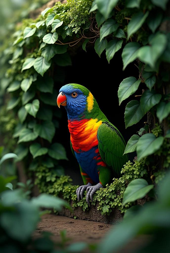 A parrot peeking out from behind a dense curtain of ivy in an overgrown garden.