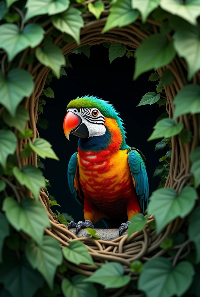 A parrot peeking out from behind a dense curtain of ivy in an overgrown garden.