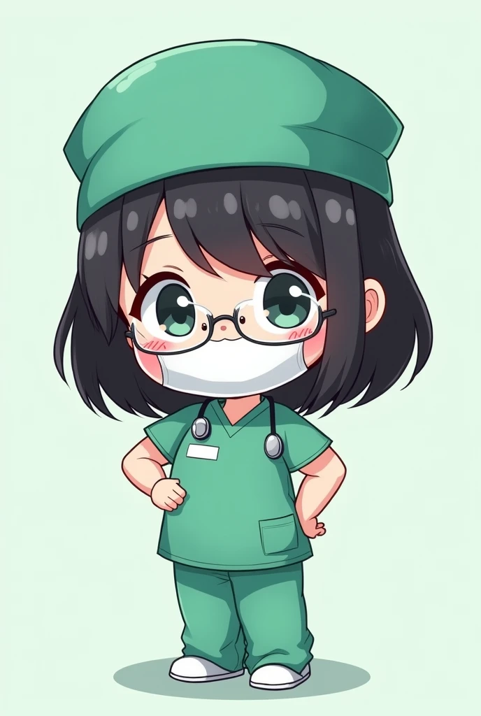 Cartoon chibi girl wearing a green medical hat, a mask covering her mouth, a green scrub, clear glasses, black hair