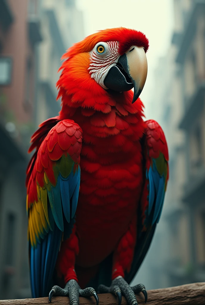  A parrot with bright red feathers appearing against a backdrop of smoky, polluted air.