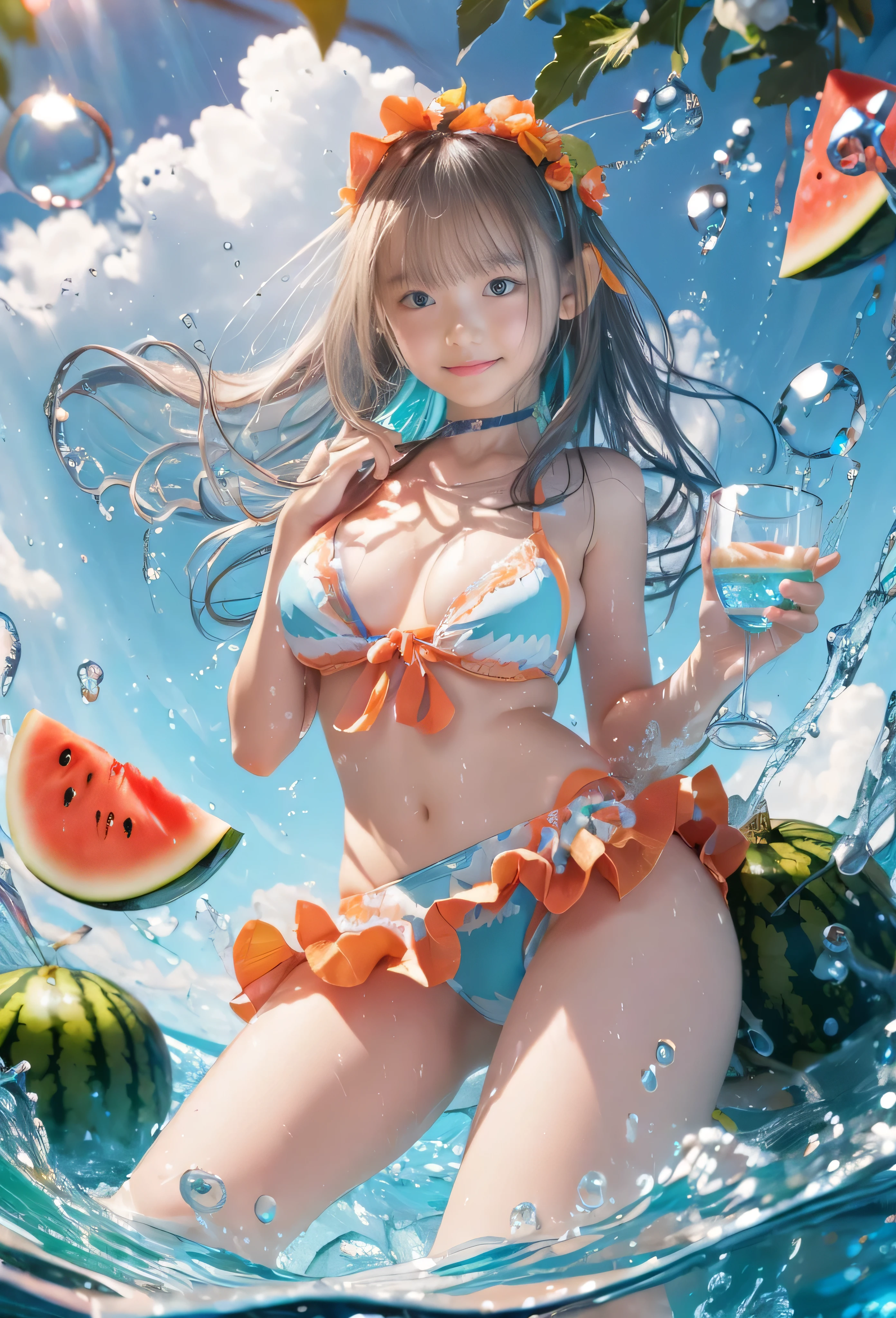 (((RAW quality:1.4))), Ultra-detailed CG quality, 8k、cute、、girl、detailed、Glass, Water in a Glass, Glassクリスタル, bubble, Right blue water, Nice, bright、Girl in Bikini、splash、watermelon、orange、grape、fruit、
