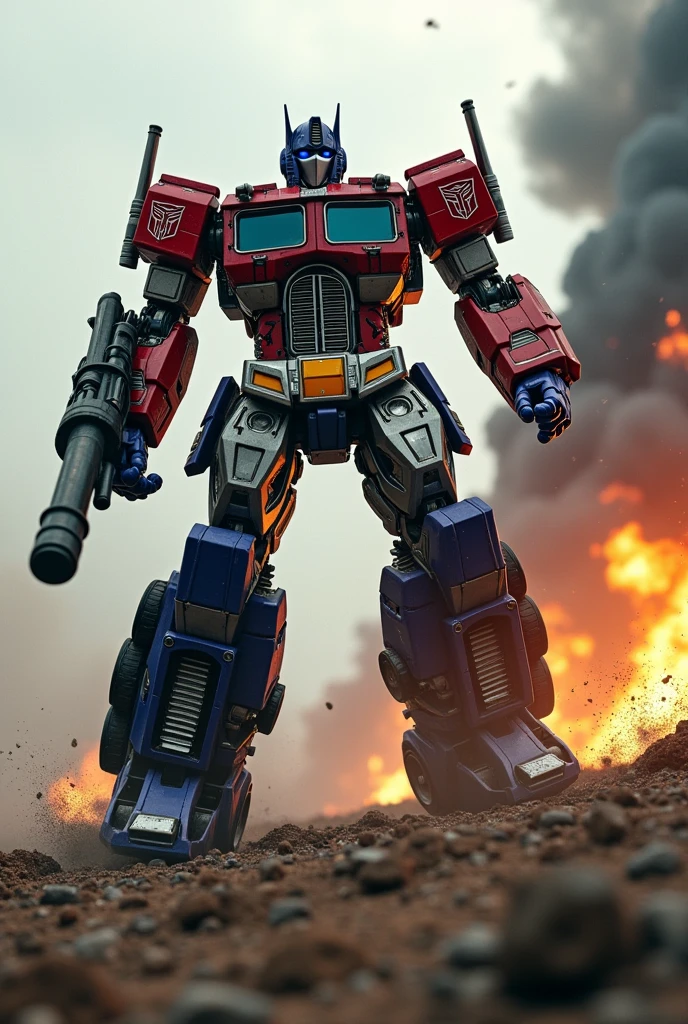 a highly detailed and realistic Optimus Prime robot. Hulk buster, very detail. High tech.extremely dynamic and energetic pose.Transformers galaxy force. Galaxy convoy. running and jumping through a war-torn battlefield, firing a bazooka. Big on his back engaged in an intense battle with Megatron, cinematic tilt-shift photography effect, hyper-detailed, 8k, photorealistic, dramatic lighting, vivid colors, industrial sci-fi, best quality. Very epic. Ashes everywhere. Ember. Michael bay. Travis knight. Hasbro. Takara tomy.