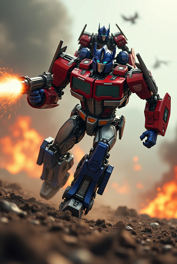 a highly detailed and realistic Optimus Prime robot. Hulk buster, very detail. High tech.extremely dynamic and energetic pose.Transformers galaxy force. Galaxy convoy. running and jumping through a war-torn battlefield, firing a bazooka. Big on his back engaged in an intense battle with Megatron, cinematic tilt-shift photography effect, hyper-detailed, 8k, photorealistic, dramatic lighting, vivid colors, industrial sci-fi, best quality. Very epic. Ashes everywhere. Ember. Michael bay. Travis knight. Hasbro. Takara tomy.