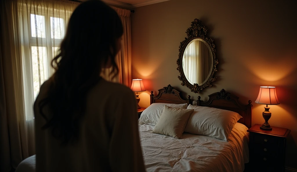 The woman hangs the antique oval mirror in her bedroom, directly across from her bed. The mirror catches the light from the window, creating an enchanting yet eerie atmosphere. The room is cozy and warmly lit, contrasting with the sinister feel of the mirror.