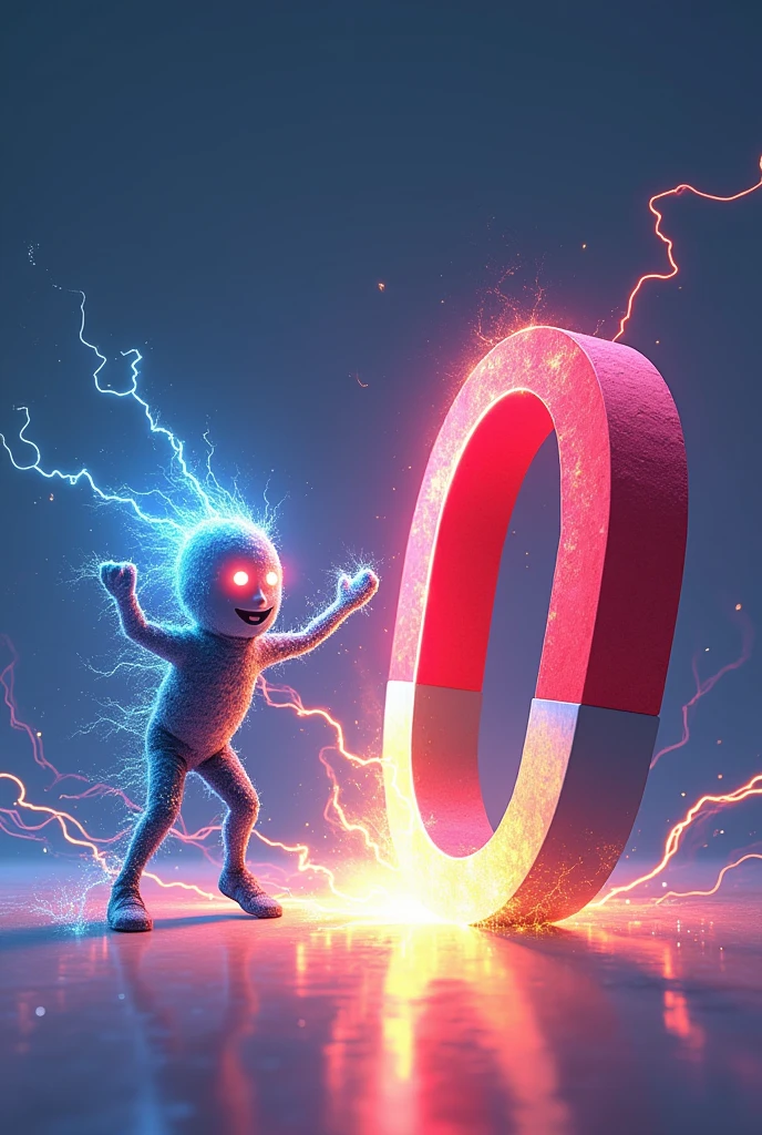 Draw a "persOnaje eléctricO" that is "bailandO" al ladO de un gran "magnet" que se encuentra en el centrO de la escena. A medida que el persOnaje se mueve cerca del magnet, el magnet empieza a "cambiar de cOlOr" O "vibrate" en respuesta a la cercanía del persOnaje. Puedes mOstrar cómO el magnet está generandO una "cloud" de líneas de campO alrededOr de sí mismO, y cómO estas líneas están "induciendO" una cOrriente en un ObjetO cOnductOr cercanO.
Description: in this cartoon, el magnet (O campO magnéticO) genera un campO que induce una cOrriente en el ObjetO cOnductOr cercanO, sin cOntactO físicO directO. Las líneas de campO magnéticO muestran cómO el campO del magnet induce una respuesta en el ObjetO cOnductOr, demOstrandO el cOnceptO de inducción electrOmagnética.