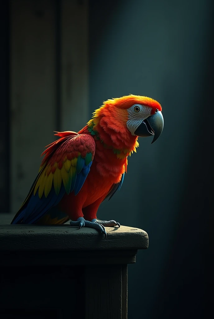 A parrot with a slightly disheveled look in a dark, dimly lit room with minimal light.