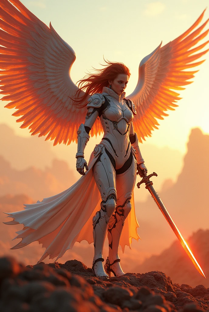 fire archangel Uriel,war effect,REAL - style image of a woman with a sword in a field, cyberpunk art inspired by Leng Mei, cgsociety contest winner, fantasy art, beautiful cyborg angel girl, angel knight girl, as a mystical valkyrie, battle angel, angel in plastic armor, mechanized valkyrie girl, unreal engine 4k wallpaper, wraith from apex legends, epic angel wings