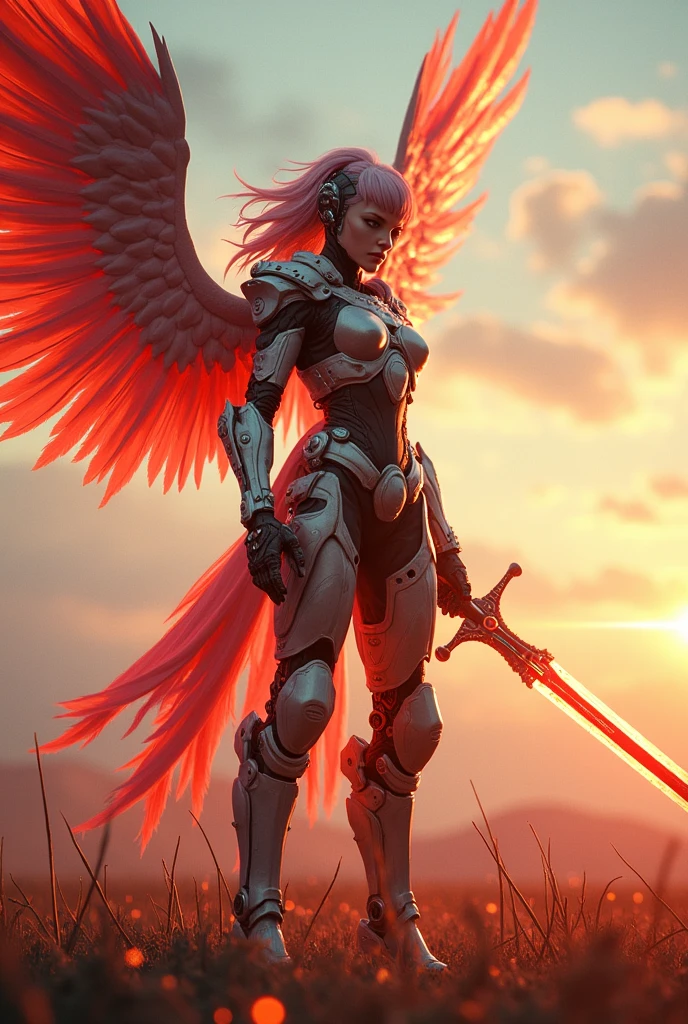 fire archangel Uriel,war effect,REAL - style image of a woman with a sword in a field, cyberpunk art inspired by Leng Mei, cgsociety contest winner, fantasy art, beautiful cyborg angel girl, angel knight girl, as a mystical valkyrie, battle angel, angel in plastic armor, mechanized valkyrie girl, unreal engine 4k wallpaper, wraith from apex legends, epic angel wings