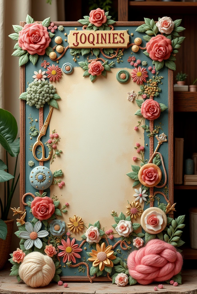 Advertising sign that has to do with buttons, ornaments, scissors, lace, ribbons, wool, everything for clothing