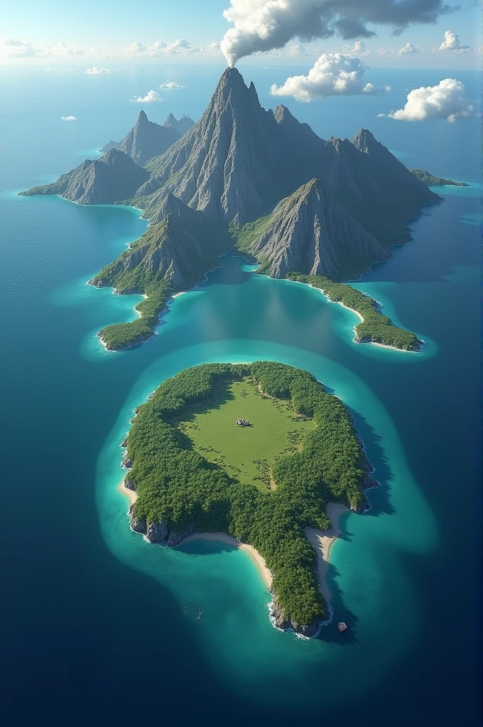 planet full of water divided by a mountainous land line with peaks and volcanoes, and in the center of the sea a round continent with four islands around it