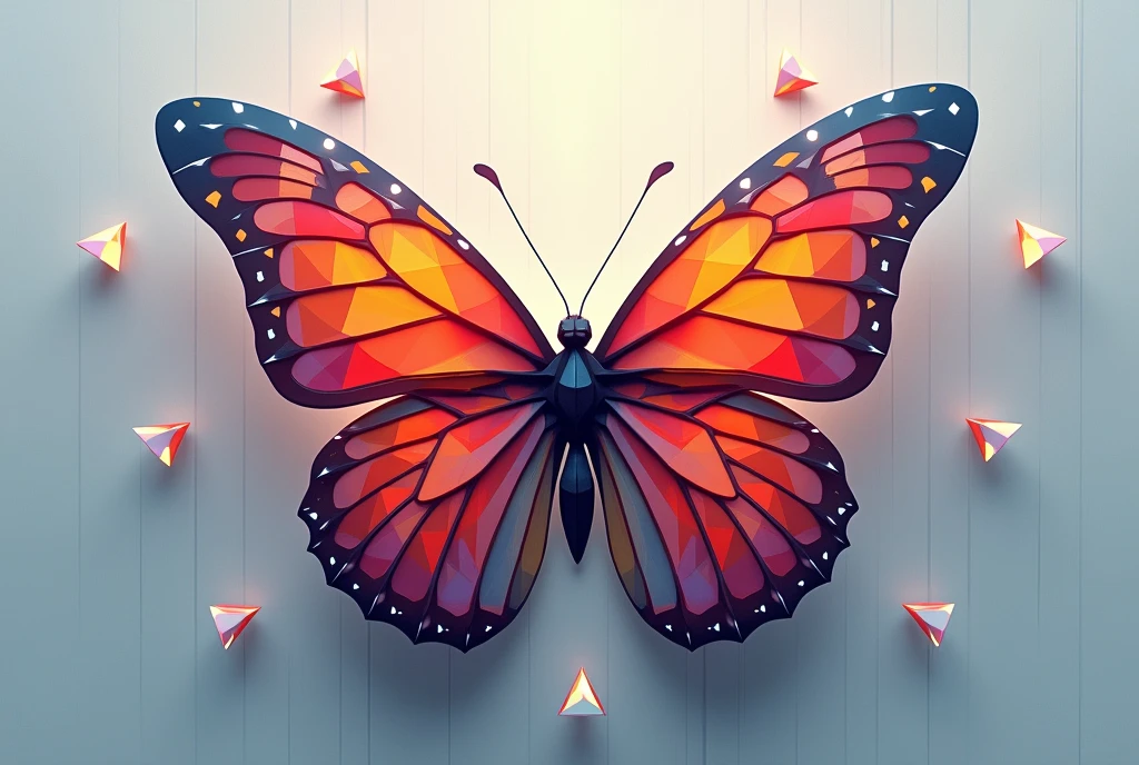 very futuristic digital impressionism, multiple digital butterflies made of abstract triangles of different colours, abstract artwork, surreal composition, 8k quality, beautiful bauhaus colours, intricate grey stripes background,