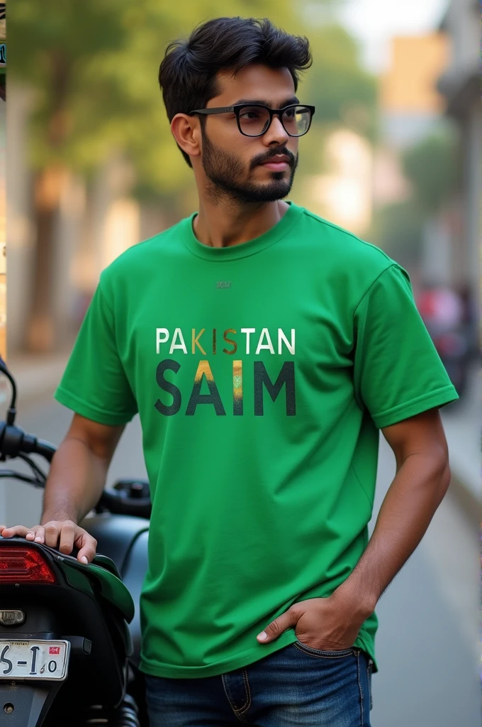 A person worn Pakistan green T-shirt with name SAIM and with uperr standing bike