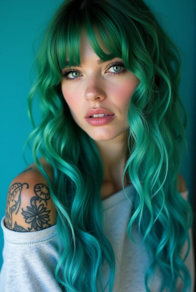 masterpiece, adult, green hair, blue themed room, woman with green to blue ombre hair, lipstick, tattoos, bangs, curly hair, eye shadow, smoky eyes, smokey eyes, sweatshirt, off the shoulder, very long hair