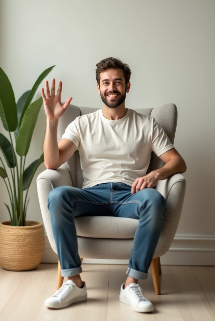 A male model poses sitting cross-legged on a chair, one hand raised in greeting.: This pose represents welcome and friendliness.
