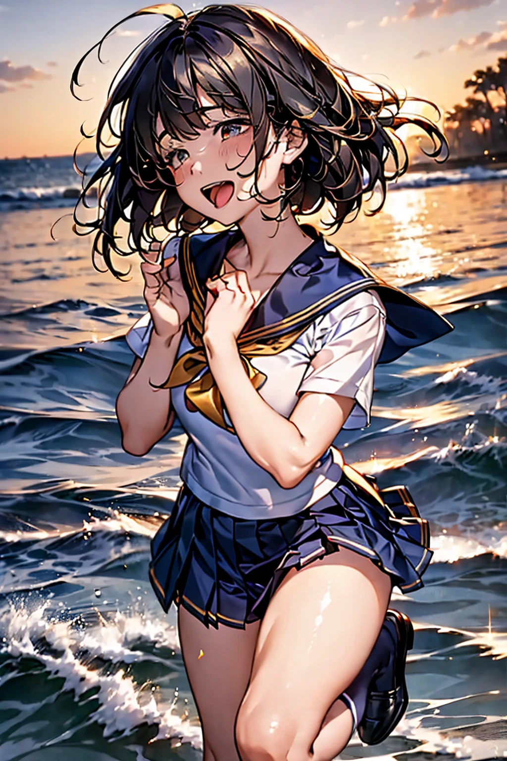 Browsing Caution,​(Highest quality, 8k, masterpiece:1.3,beautiful girl), (Very detailed)Glowing Skin,(((Woman 1))),((Short sleeve, cute navy sailor suit, Navy Pleated Skirt, Navy sailor collar, Blue Sailor Scarf, socks, Brown Loafers)), (Perfect Anatomy, Anatomically correct, Very detailed肌),((Golden Eyes)),((Perfect Fingers,Five Fingers)),((Black Hair,Bobcut,)),Natural Makeup,Smile in full bloom、cheeks turn a little red,Seaside、sunset、Hair blowing in the wind、While stroking my hair,(((Laugh with your mouth wide open,turn around,wave hands,))),((Hands splashing seawater,Shallow water,Low wave)),Focus Only,Put your hands in the sea