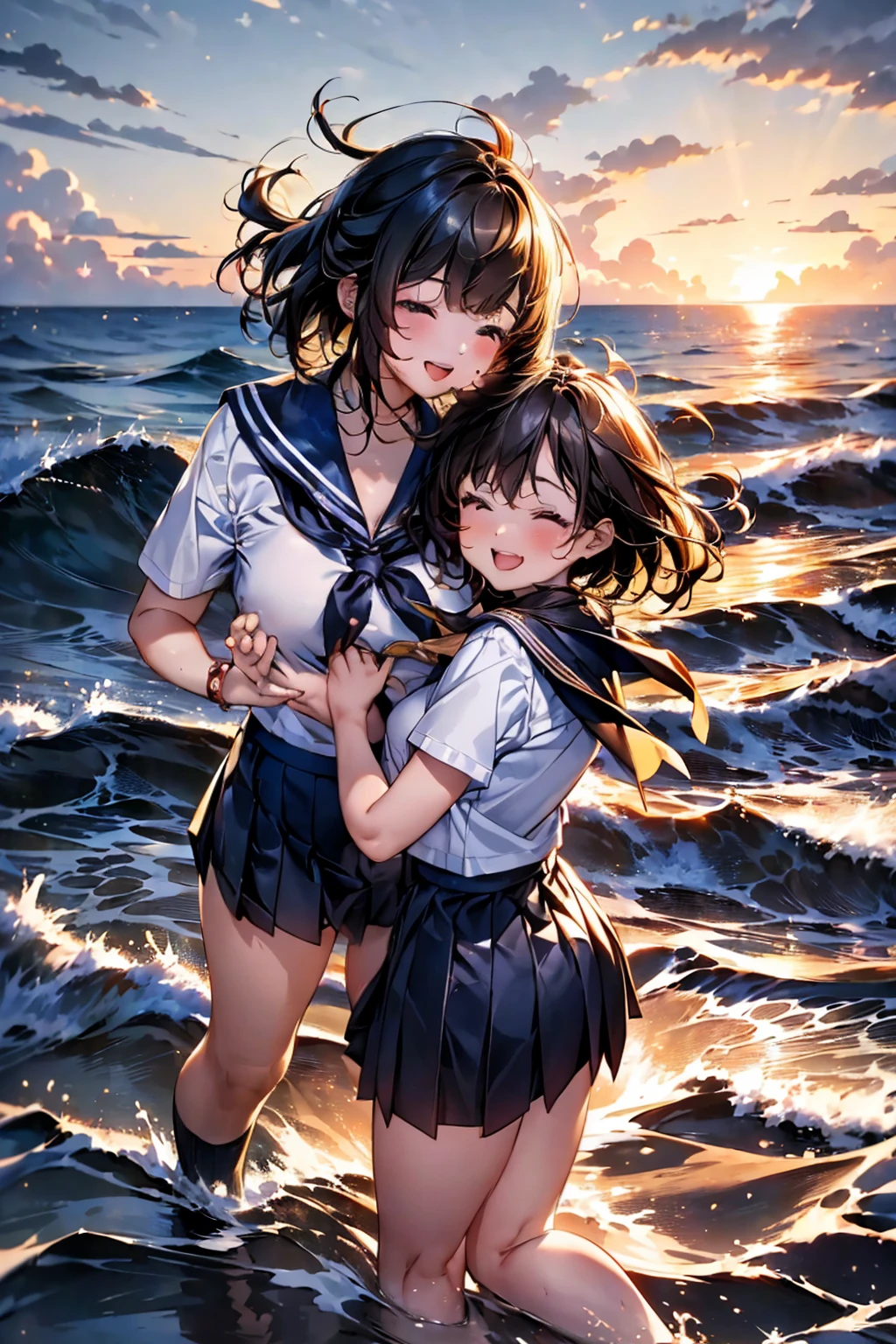 Browsing Caution,​(Highest quality, 8k, masterpiece:1.3,beautiful girl), (Very detailed)Glowing Skin,(((Woman 1))),((Short sleeve, cute navy sailor suit, Navy Pleated Skirt, Navy sailor collar, Blue Sailor Scarf, socks, Brown Loafers)), (Perfect ???????, Anatomically correct, Very detailed肌),((Golden Eyes)),((Perfect Fingers,Five Fingers)),((Black Hair,Bobcut,)),Natural Makeup,Smile in full bloom、cheeks turn a little red,Seaside、sunset、Hair blowing in the wind、While stroking my hair,(((Laugh with your mouth wide open,turn around,wave hands,))),((Hands splashing seawater,Shallow water,Low wave)),Focus Only,Put your hands in the sea