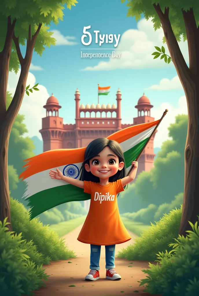 
 A real 5  girl 
, Wearing Orange  T shirt blue jeans sneakers and the name
“DIPIKA” is written on his  frock and the girl is standing on the forest with holding a national flag of India, and behind him is the Red Fort Delhi. And written on sky “Independence Day” Create Realistic
Image high quality
