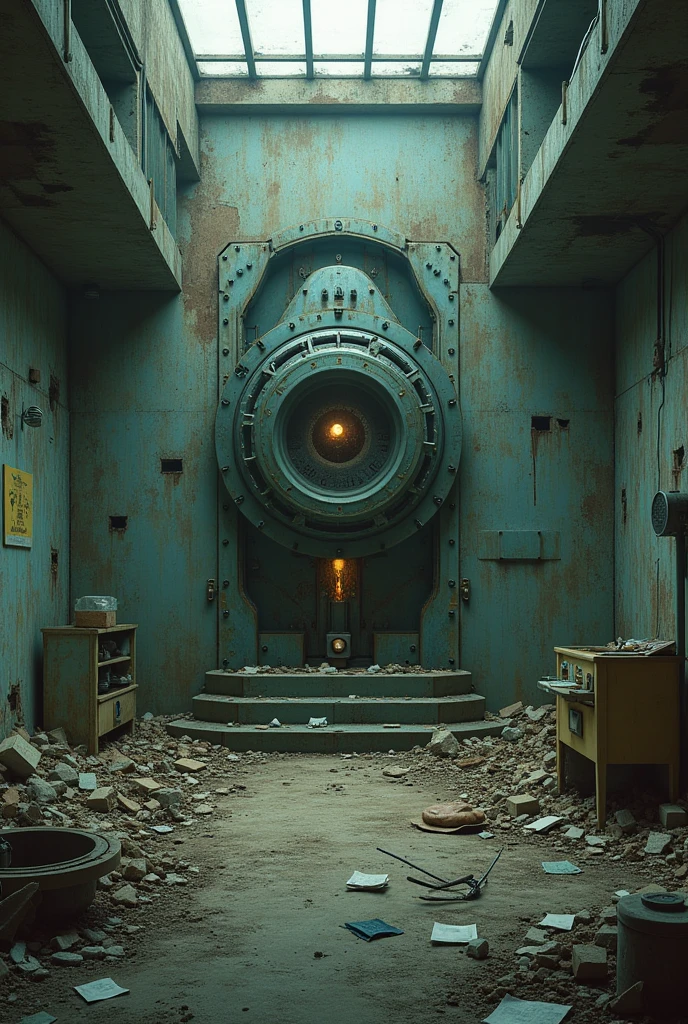 laboratory, abandoned, dilapidated, a core in the center, with rubble around, signs of wear