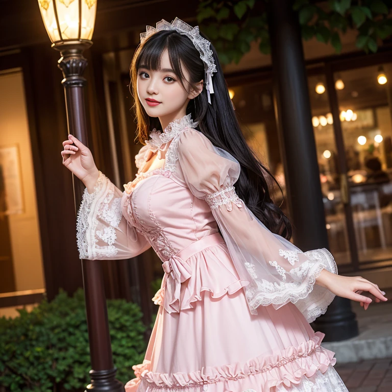 daytime,Side shot,In front of the amusement park castle,,skyscraper, best quality, Delicate face,beautiful visual work, lifelike, eternity, black hair, Long curly hair, blunt bangs, Smile, Detailed Background, Delicate face,pink blush,cold,((masterpiece))、(top quality)、8k、high detail、Super detailed,31 years old female,Wearing lolita dress、Seductive and whimsical style、masterpiece、born、Scenes resembling fairy tale illustrations、Intricate details and complex designs、Beautifully、magic、capricious、 Beautifully、Dream aesthetics、「𝓡𝓸𝓶𝓪𝓷𝓽𝓲𝓬、ethereal、charming、fickle、magic」、Realism、Visual effects、FXAA、SSAO、Shaders、voiceless、ambient lighting、Tone mapping、High resolution、Ultra high quality、Million pixels、(8K resolution:1.10)、8k、Below 8K、8K resolution、high detail、intricate details, (high quality:1.2、masterpiece:1.2、:1.21)、(31 years old female:1.21)、(Smile excitedly)、(Surrounded by the dreamy atmosphere、Model diagram,full-body shot,Normal 2 feet,Don't show your fingers,pink dress, lots of lace,layered dress, Long sleeve,Puff sleeves,Transparent sleeves,Bow at the back of the waist, Skirt length to calf, cupcake dress, Layered skirt with lace on each layer, Wear a LOLITA dress, layered dress, Pink lolita skirt, lots of lace, Long sleeve, Wide sleeves, Big skirt, layered lace skirt, Puff sleeves, Wide sleeves, Transparent sleeves子, intricate details showcase the ruffles and intricate designs of the Lolita dress, Wearing a lolita dress, Bow at the back of the waist, Skirt length to calf, cupcake dress, Layered skirt with lace on each layer, Wear a LOLITA dress, layered dress, Pink lolita skirt, lots of lace, Long sleeve, Wide sleeves, Big skirt, layered lace skirt, Puff sleeves, Wide sleeves, Transparent sleeves子, intricate details showcase the ruffles and intricate designs of the Lolita dress, Wearing a lolita dress, Cold Heat,mature woman, There are many bows on the dress