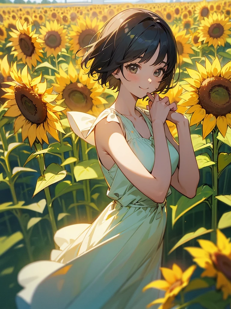 master piece, best quality, for below, cinematic angle, upper body , pigeon toed,
Anime-style Moe illustration, summer vacation theme, 20-year-old woman, sunflower field, short hair,
Picnic Maxi Dress, slightly inner thighs, smile, accurate drawing, Active pose, Active Angle,