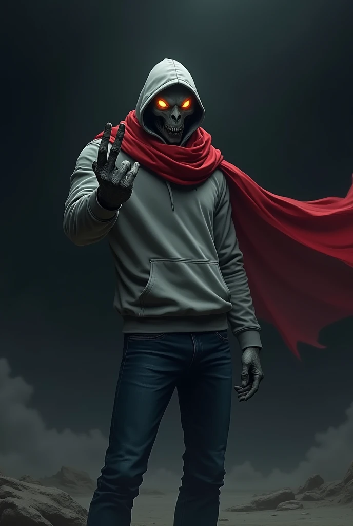 Anime middle finger pose, black void man 6'4, with orange hollow eyes, red scarf, gray hoodie, blue jeans