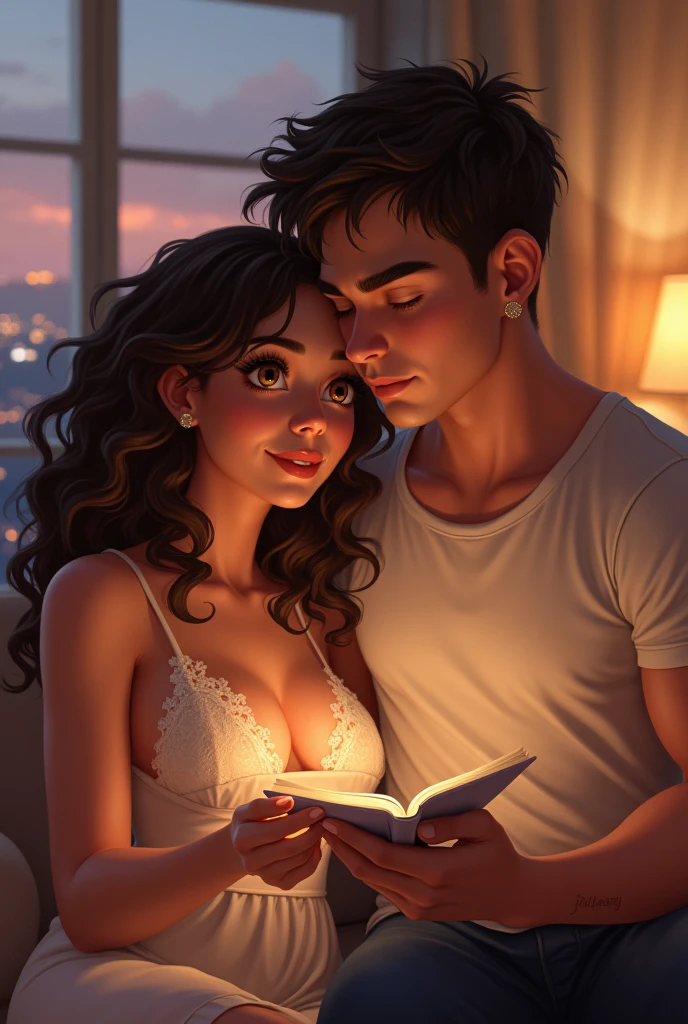 A couple of boyfriends in different countries. The girl is chubby, brunette, curly hair and he is tall, strong and has a mole on the left side of his face on his cheeks.