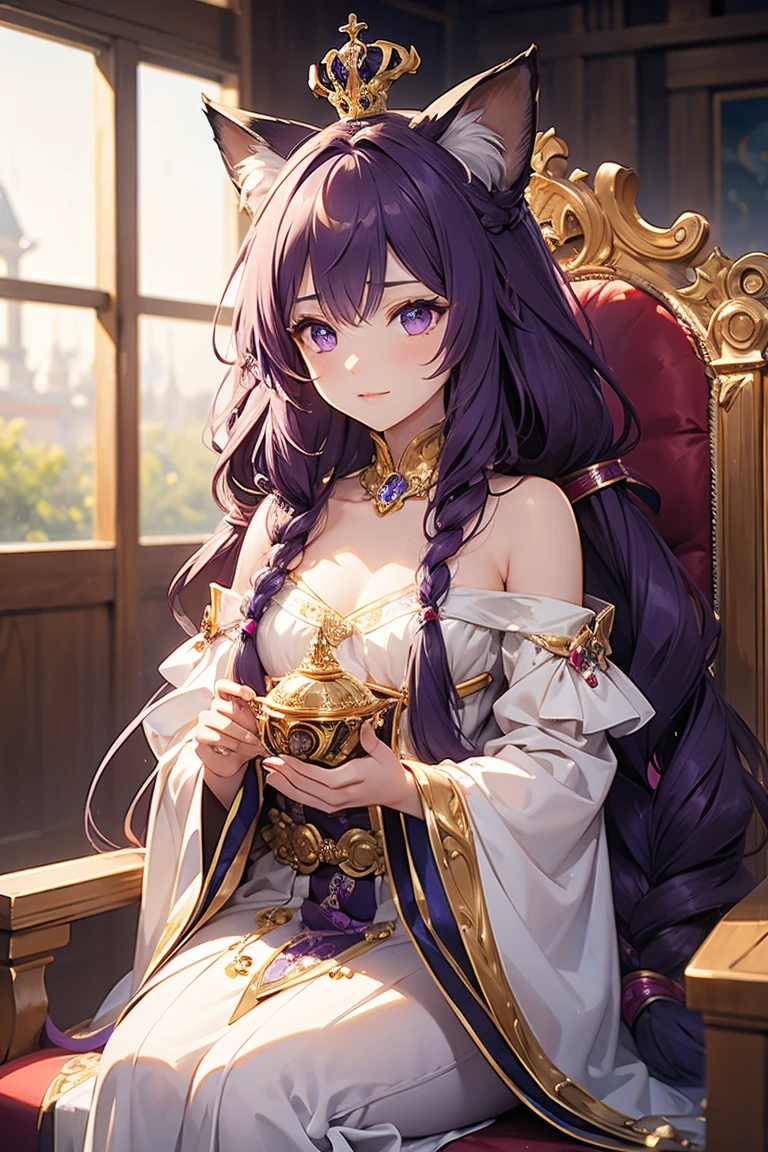 One person,Long Hair,Purple Hair,long hair,Fox Ears,Sitting in the King's Chair,dress,alone,Crown,Purple Hair,Braiding,watermark,lips,Blurred,indoor,Realistic,Exposing shoulders,tiara,Brown Hair,chest,compensate,Curly Hair,jewelry,gem,Peacock Style,Shine,Holding a golden trophy
