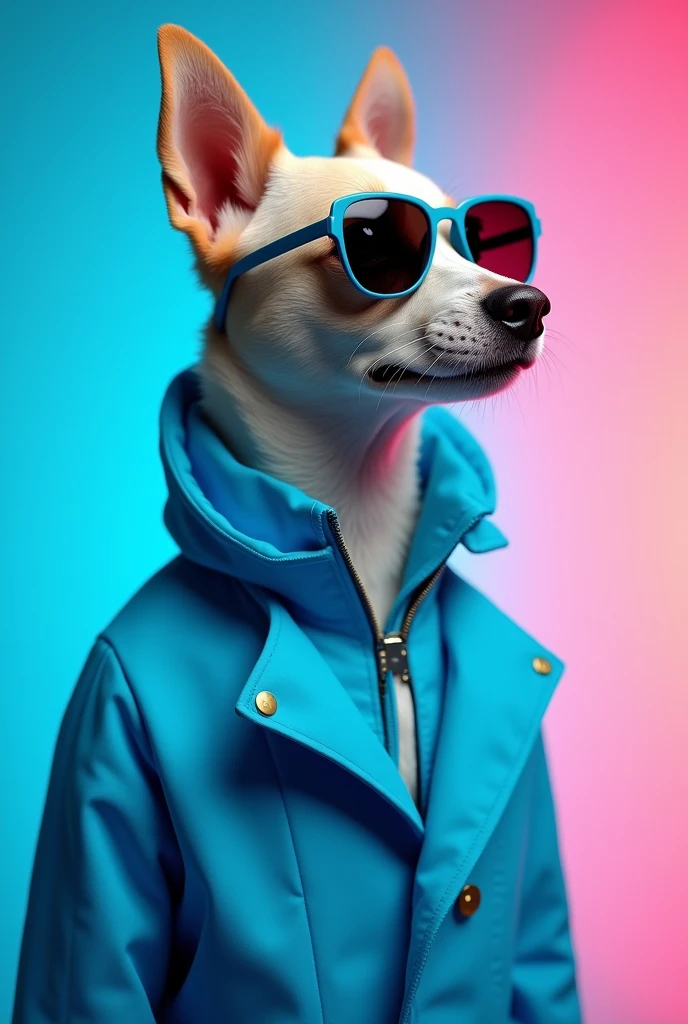 The best cell phone wallpaper, Award-Winning Wallpaper, portrait photography, In the front view is a portrait of a cute dog wearing mid-1960s space age fashion, Side view photo, Shot with Canon EOS R5, Set a strong contrast that the subject, Fluorescent blue tone, Wearing a very modern coat and sunglasses is a modern 1960s style, Clothes all in one color, beautiful background