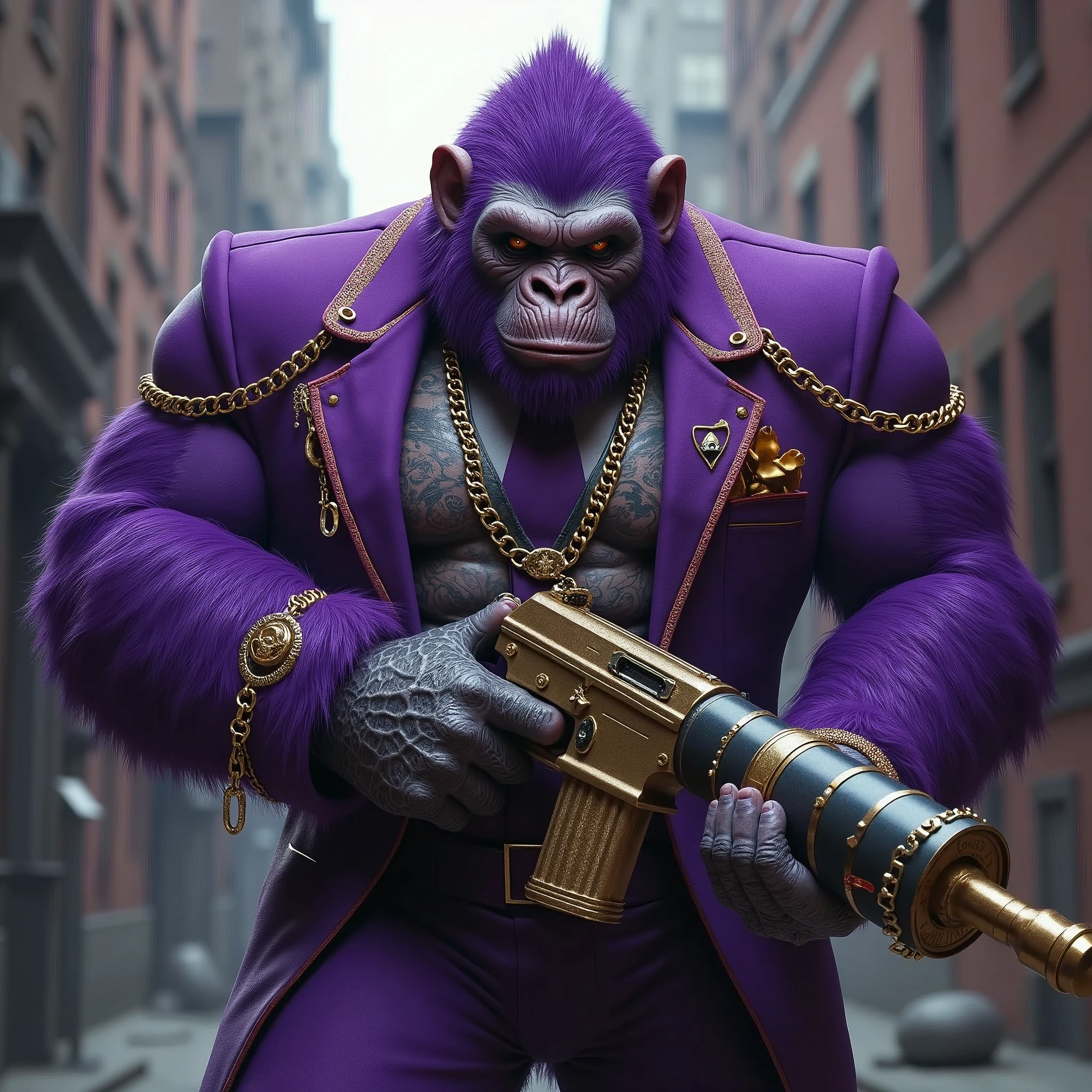 Purple Ape, with giant weapons, with gangster SUIT with chains, tattooed and smoking, with diamond and gold rings 