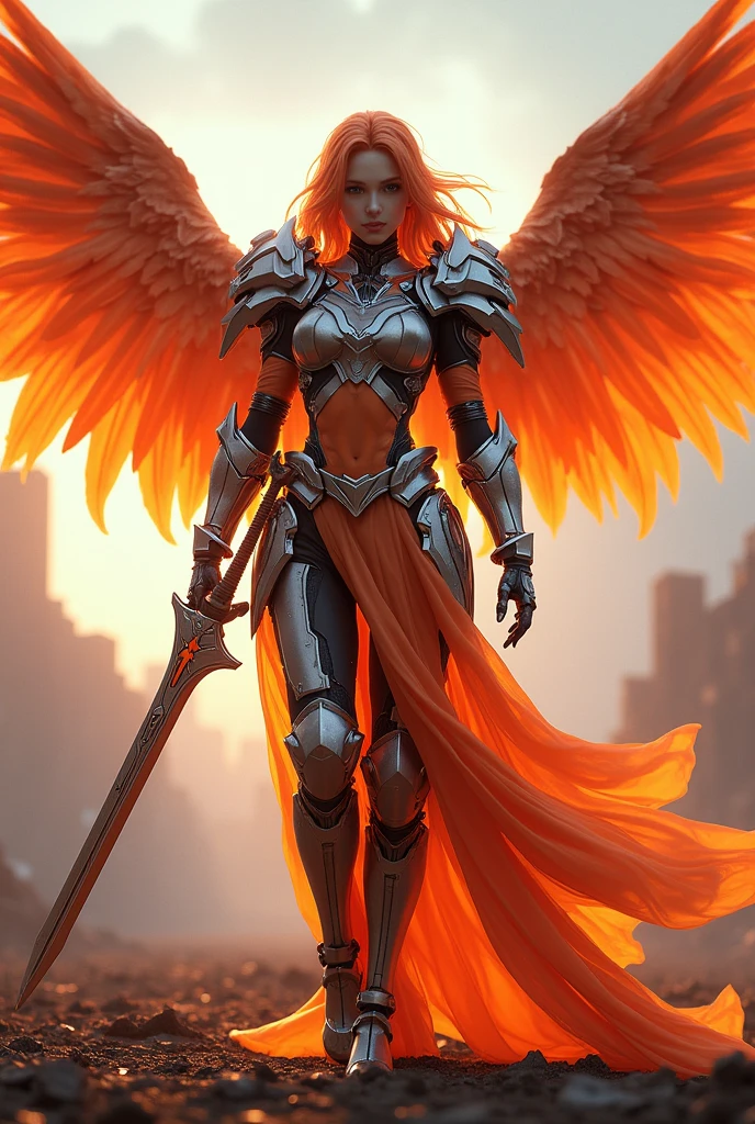 red hear,fire archangel Uriel,war effect,REAL - style image of a woman with a sword in a field, cyberpunk art inspired by Leng Mei, cgsociety contest winner, fantasy art, beautiful cyborg angel girl, angel knight girl, as a mystical valkyrie, battle angel, angel in plastic armor, mechanized valkyrie girl, unreal engine 4k wallpaper, wraith from apex legends, epic angel wings
