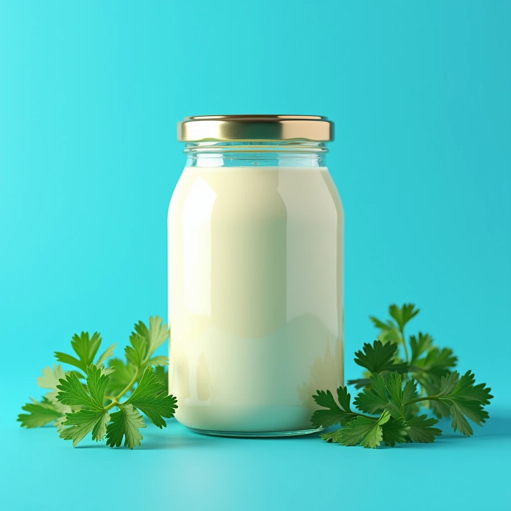 Plastic jar of mayonnaise with parsley leaves on blue background