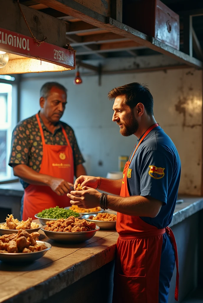 Imagine Lionel Messi at a modest, two-shutter chicken shop in Kerala named "ബിസ്മി ചിക്കൻ സ്റ്റോൾ" (Bismi Chicken Stall) in Malayalam. The shop has no displayed chicken; instead, it's filled with fresh, halal chicken kept out of sight, stored in a cooler or behind a counter. Messi, dressed casually, is discussing his purchase with the vendor, who is preparing the chicken as needed. The setting reflects a traditional, no-frills approach typical of local Kerala markets.