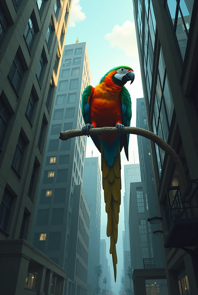 A parrot trapped in an urban environment with towering concrete buildings.