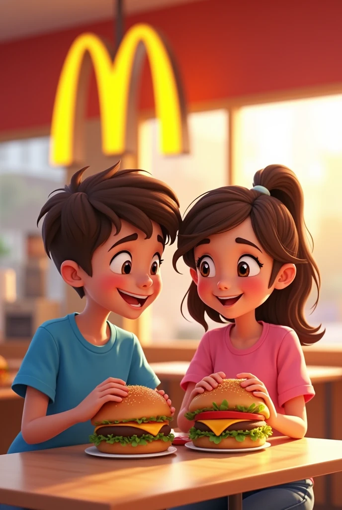 Two adorable teenage friends、sitting at a cafeteria table eating a hamburger。
They were in a McDonald's-style cafeteria.、A McDonald's-style logo is displayed in the background。McDonald's Logo Blue Shirt Pink shirts Their eyes are big and expressive、Smile、Sharing moments of friendship。
From the camera's point of view、They are depicted smiling and looking at the camera。
The illustration style is Disney/Pixar animation style、Characters have friendly expressions and details。