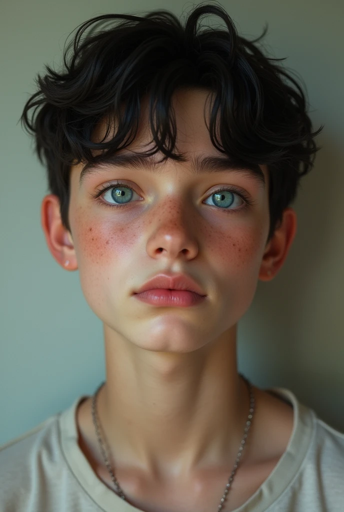 A white teenage boy with blue eyes, moles and black hair