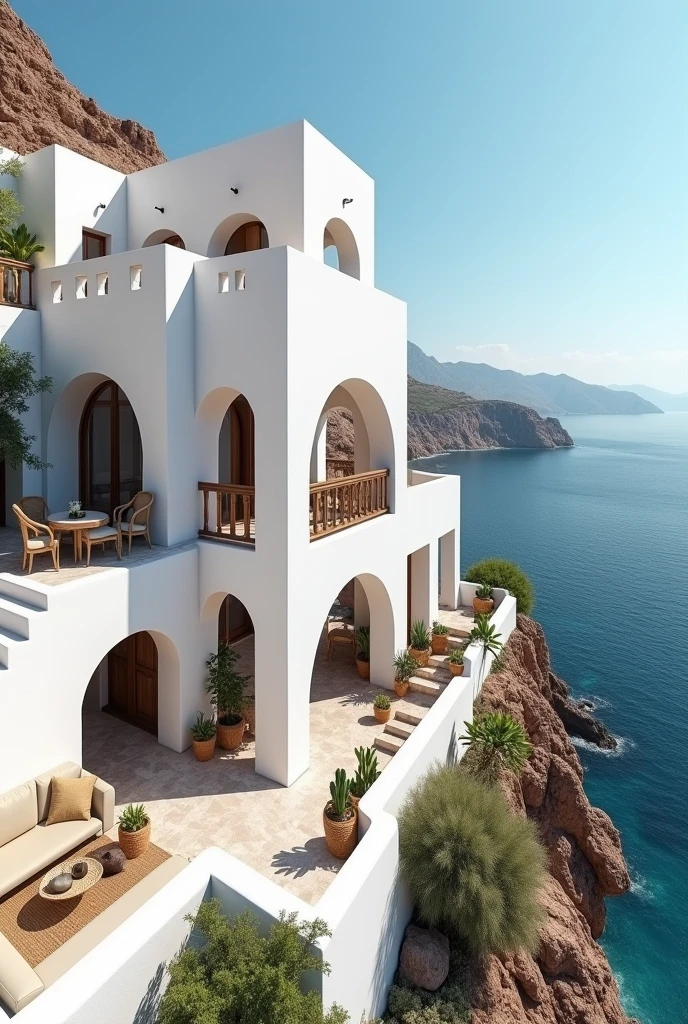 The image shows a beautiful white building with a unique architectural design. The building is located on a cliff overlooking the ocean, with a clear blue sky and the ocean in the background. The exterior of the building is made of white stucco and has multiple windows and doors, giving it a traditional and rustic look. There are several potted plants and furniture scattered around the building, including a sofa, chairs, and a coffee table. The floor is covered with white cushions and there are several woven baskets and planters on the ground. The overall atmosphere of the image is peaceful and serene.