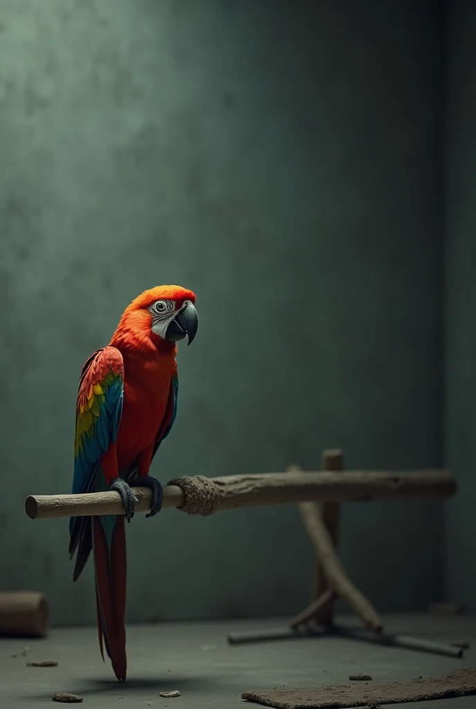 A parrot with a sad expression sitting on a small perch in a dull, empty room.