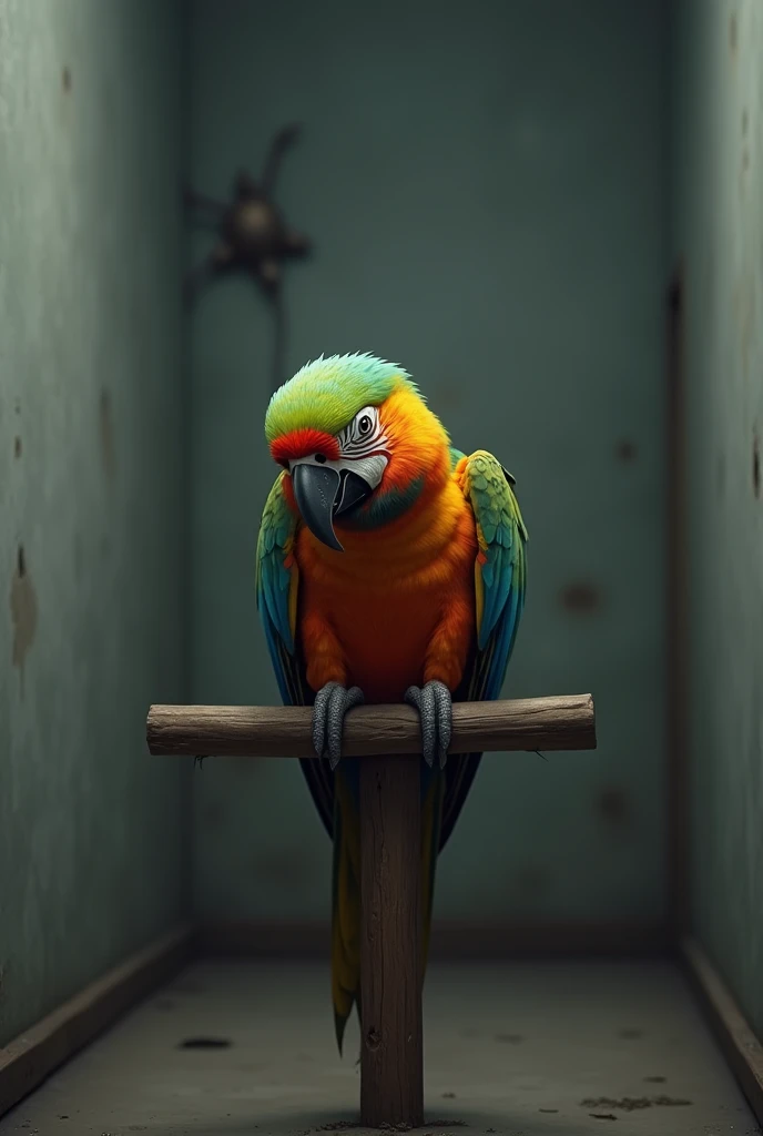 A parrot with a sad expression sitting on a small perch in a dull, empty room.
