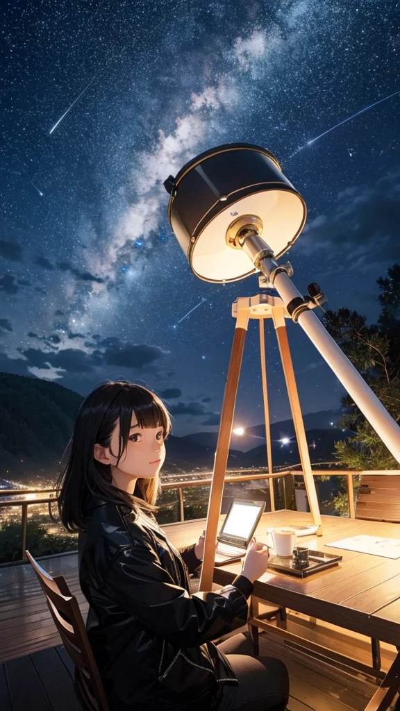 Astronomical Observation,Midnight,Night view,I can&#39;t see the sun,astronomical telescope,Starry Sky,universe,Octane, zero, star (zero), scenery, starry zero, night, night zero, Outdoor, building, cloud, milky way, Sitting, wood, , city, silhouette, cityscape,There are no people,Nobody is here