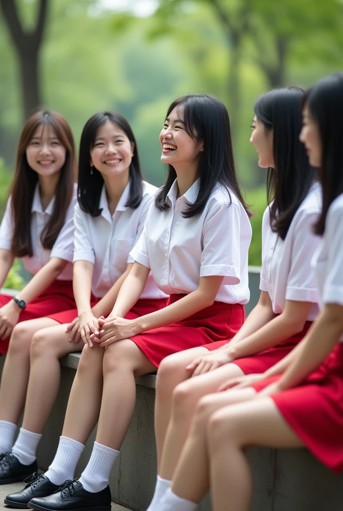 Create me a mid length black hair girl that's is so pretty sitting on a bench laughing with her 8 girl friends , wearing a uniform, a white blouse and red skirt with a socks and black shoes. candid photos of her, admiring from afar