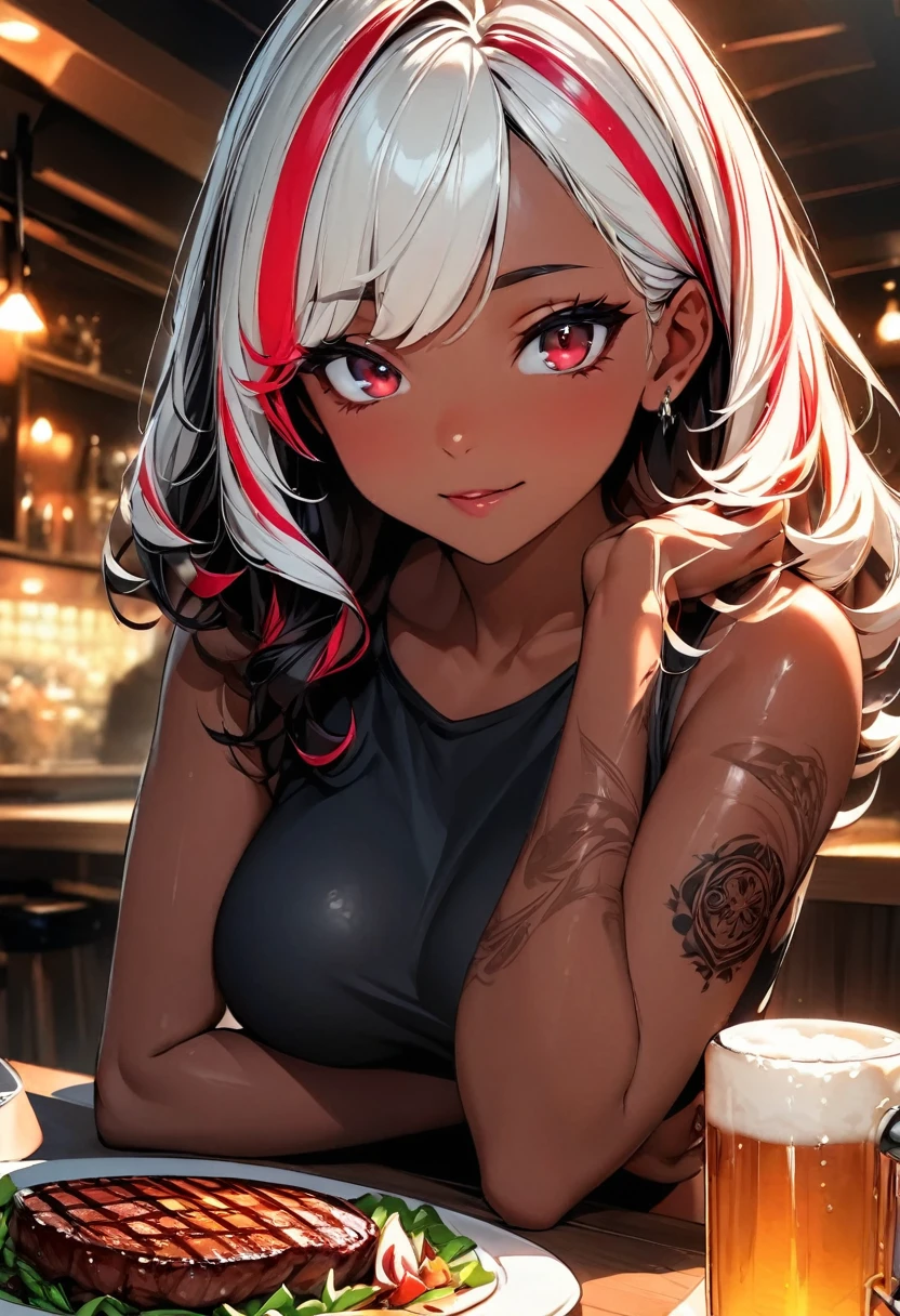 (highest quality:1.2, Very detailed, up to date, Vibrant, Ultra-high resolution, High Contrast, masterpiece:1.2, highest quality, Best aesthetics), Portraiture、girl, solo, singer、Bright colors、Beautiful fine details、Beautiful lip detail、midium wave hair、red and white ((streaked hair:1.6)), highlights hair: 1.5, red eyes, slim body, meddium breast, (tan skin:1.1), drink a highball, ((drunk:1), izakaya, japanese pub, tank top, Jeans short pants, (Floral Fineline tattoo design on left arm:1), Resolute expression、Rock star aura, (cowboy shot:1),