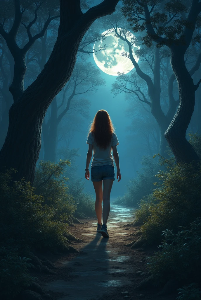 A brown-haired woman walking through a forest at night