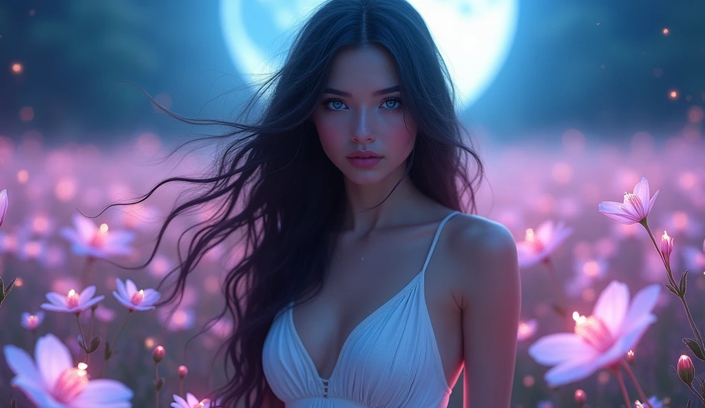 a beautiful young woman with long flowing dark hair, glowing skin, and piercing blue eyes, wearing a low-cut white dress, surrounded by glowing pink and purple flowers, standing in a moonlit field, with a dreamy, ethereal atmosphere, highly detailed, photorealistic, 8k, masterpiece