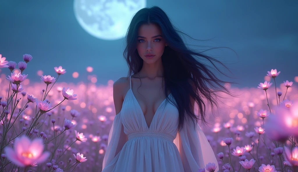 a beautiful young woman with long flowing dark hair, glowing skin, and piercing blue eyes, wearing a low-cut white dress, surrounded by glowing pink and purple flowers, standing in a moonlit field, with a dreamy, ethereal atmosphere, highly detailed, photorealistic, 8k, masterpiece