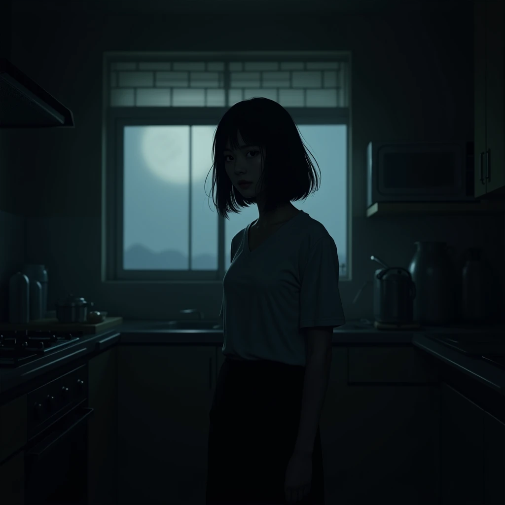 female, disappointed, at midnight, expressionless, dark atmosphere, japanese, in the kitchen