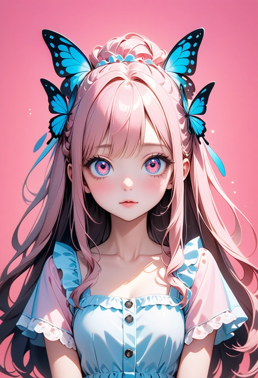 masterpiece, Highest quality, , beautiful girl, Magic_, Long Hair, Butterfly Hair Ornament, Crazy Eyes, Hata_fashion, summer_dress, be quiet, (（Barbie Pink Background）），Barbie Core，one-，Delicate face ,Ultra-high resolution,Ultra-high resolution,, ai-generated,