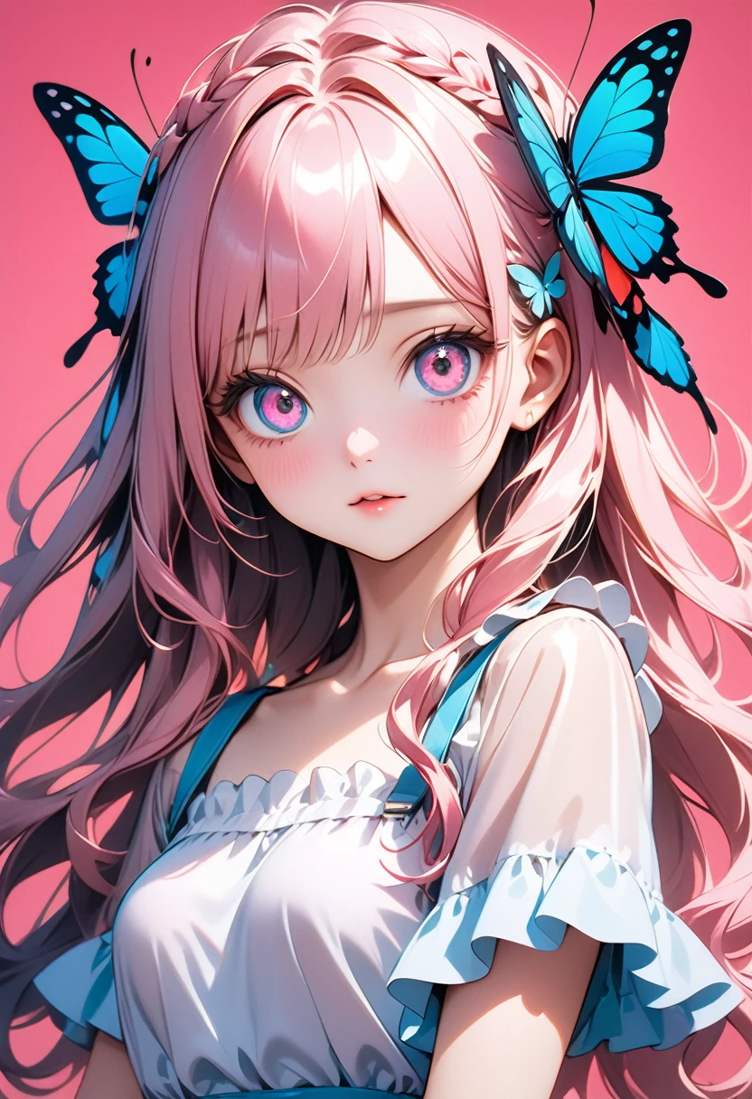masterpiece, Highest quality, , beautiful girl, Magic_, Long Hair, Butterfly Hair Ornament, Crazy Eyes, Hata_fashion, summer_dress, be quiet, ((Barbie Pink Background)),Barbie Core,one-,Delicate face ,Ultra-high resolution,Ultra-high resolution,, ai-generated,